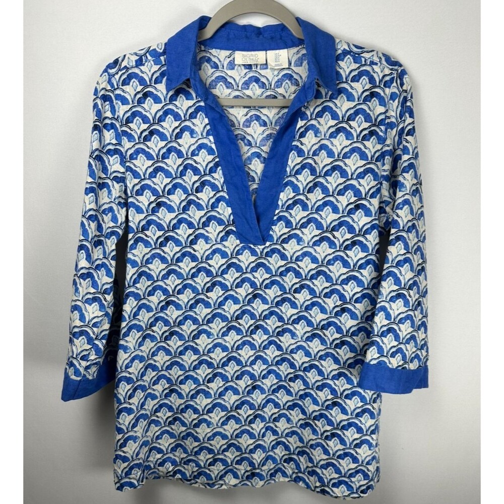 Sigrid Olsen 3/4 Sleeve Linen Tunic S Blue White‎ Coastal Mediterranean Resort